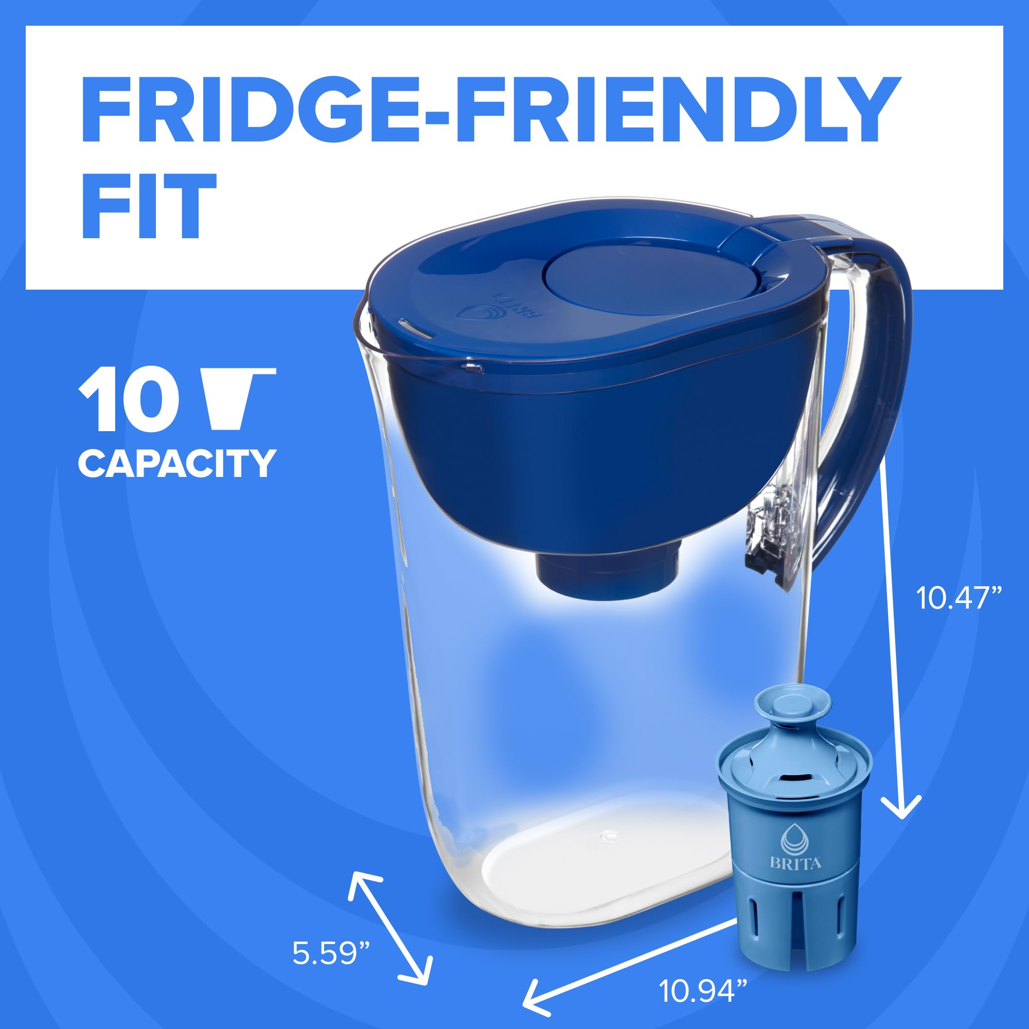 BRITA pitcher next to a 24-ounce bottle showing 10-cup capacity scale