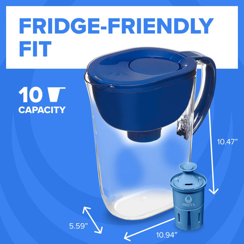 BRITA pitcher next to a 24-ounce bottle showing 10-cup capacity scale