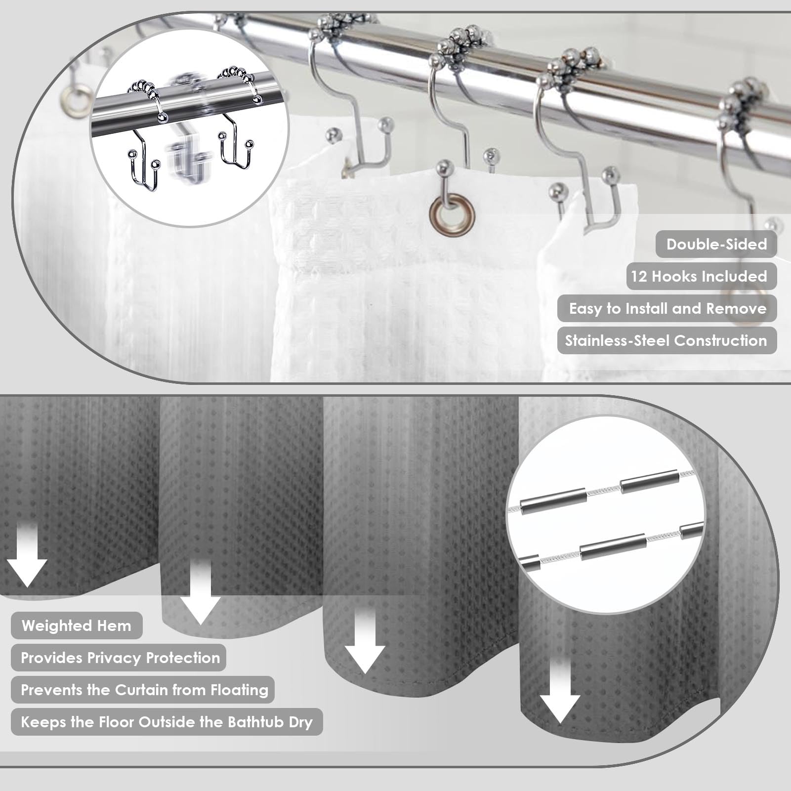 Britimes stainless steel hooks and PEVA liner edge detail benefit: rust resistance and stability