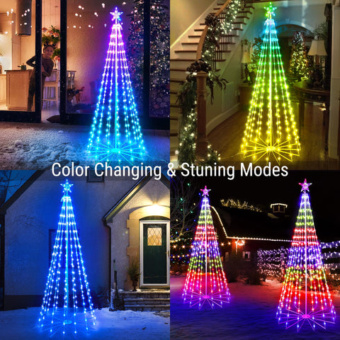 Brizled cone tree in yard at night creating festive atmosphere and curb attraction