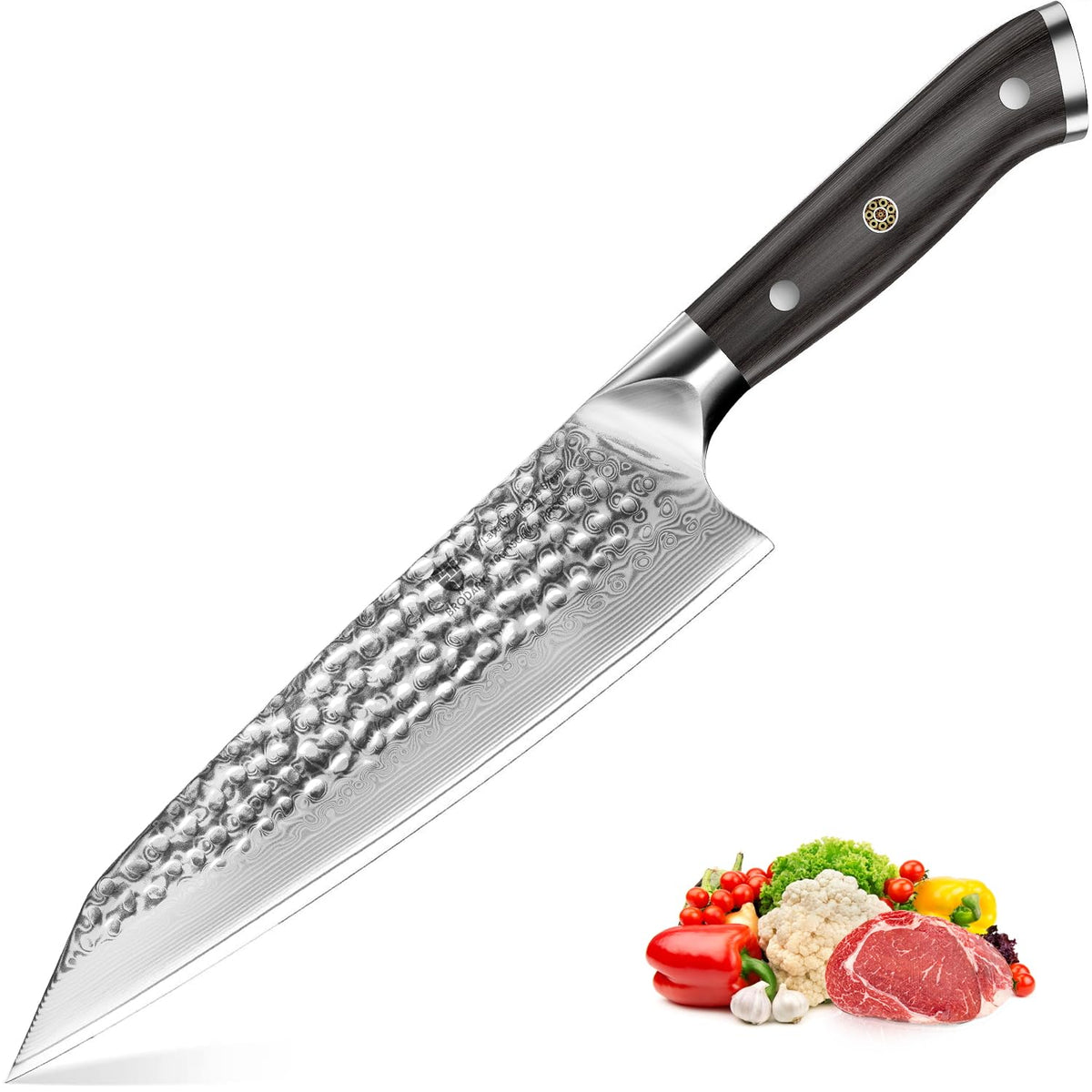 BRODARK Damascus chef knife front view showing blade pattern and polished edge for precision