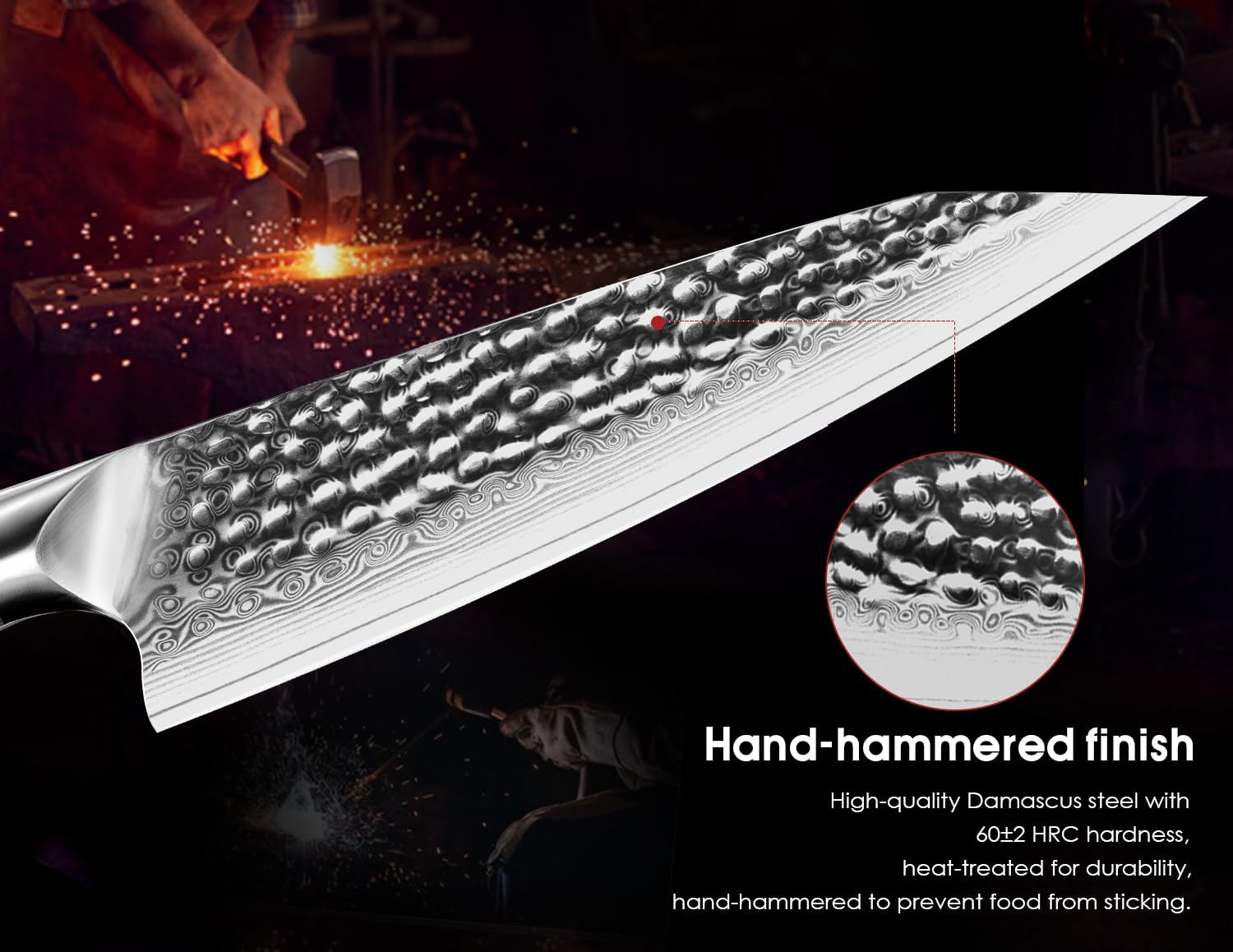 BRODARK close-up of hammered texture reducing food stick and aiding smooth slicing