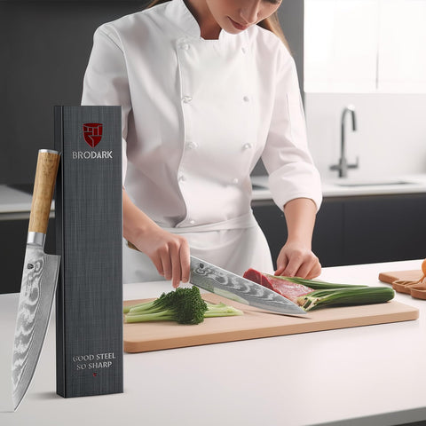 BRODARK chef knife staged in kitchen for confident, comfortable cutting