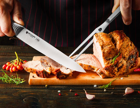 BRODARK knife next to whole turkey showing blade length and scale