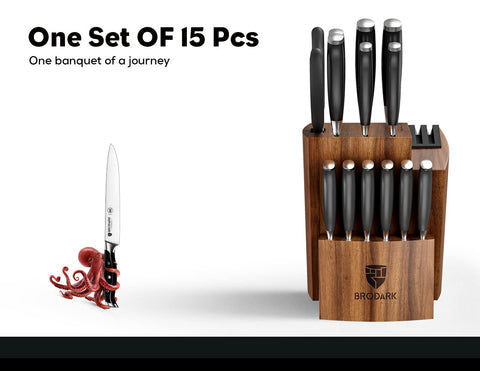 BRODARK knives beside cutting board to show scale and everyday kitchen use