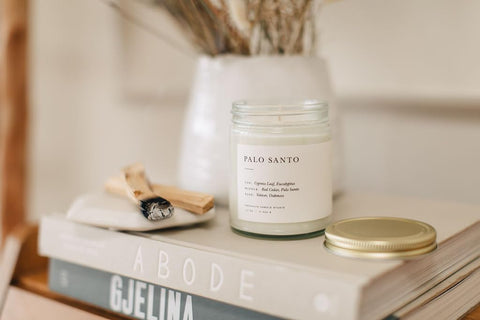 Brooklyn Candle Studio label close-up listing cedar eucalyptus fragrance