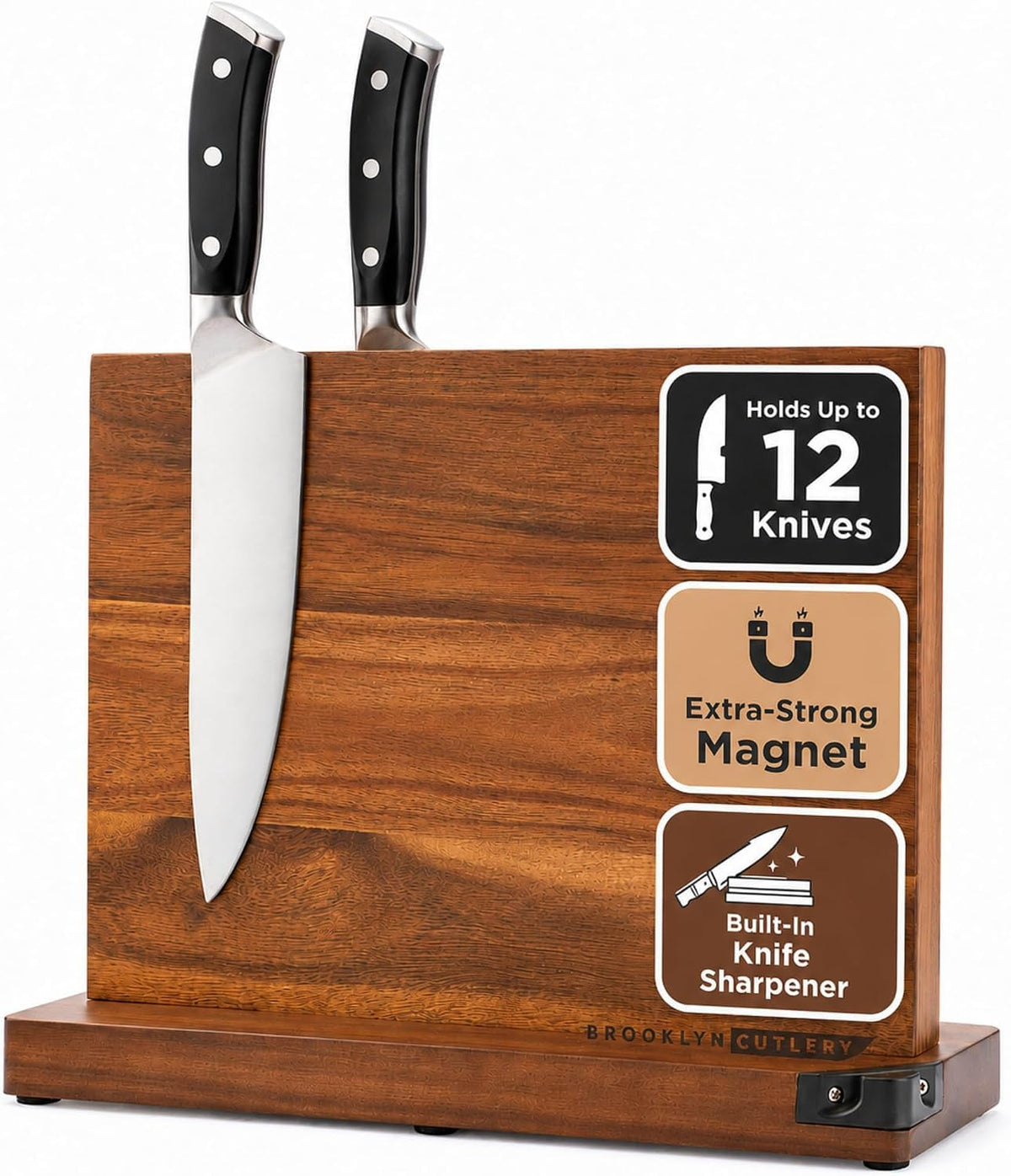 BROOKLYN CUTLERY front view showing acacia wood and magnetic storage benefit
