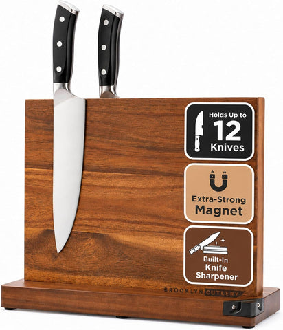 BROOKLYN CUTLERY front view showing acacia wood and magnetic storage benefit