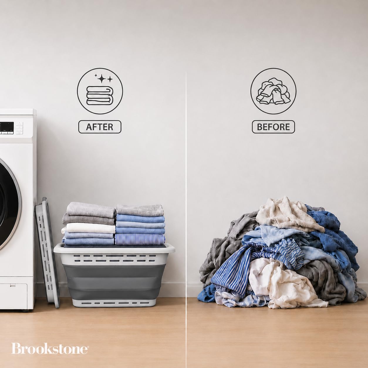 Brookstone hamper collapsed flat in closet showing space-saving storage advantage