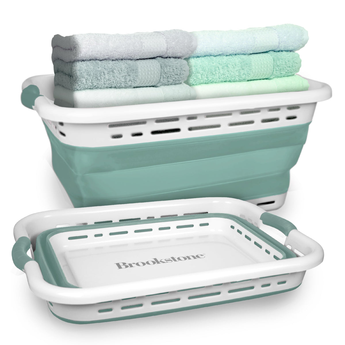 Brookstone front view mint hamper showing full 11-gallon capacity and modern shape for organized laundry