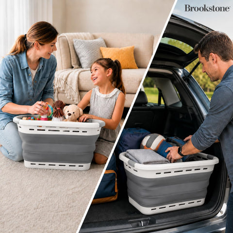 Brookstone in use being carried with laundry showing portability and balanced lift benefit