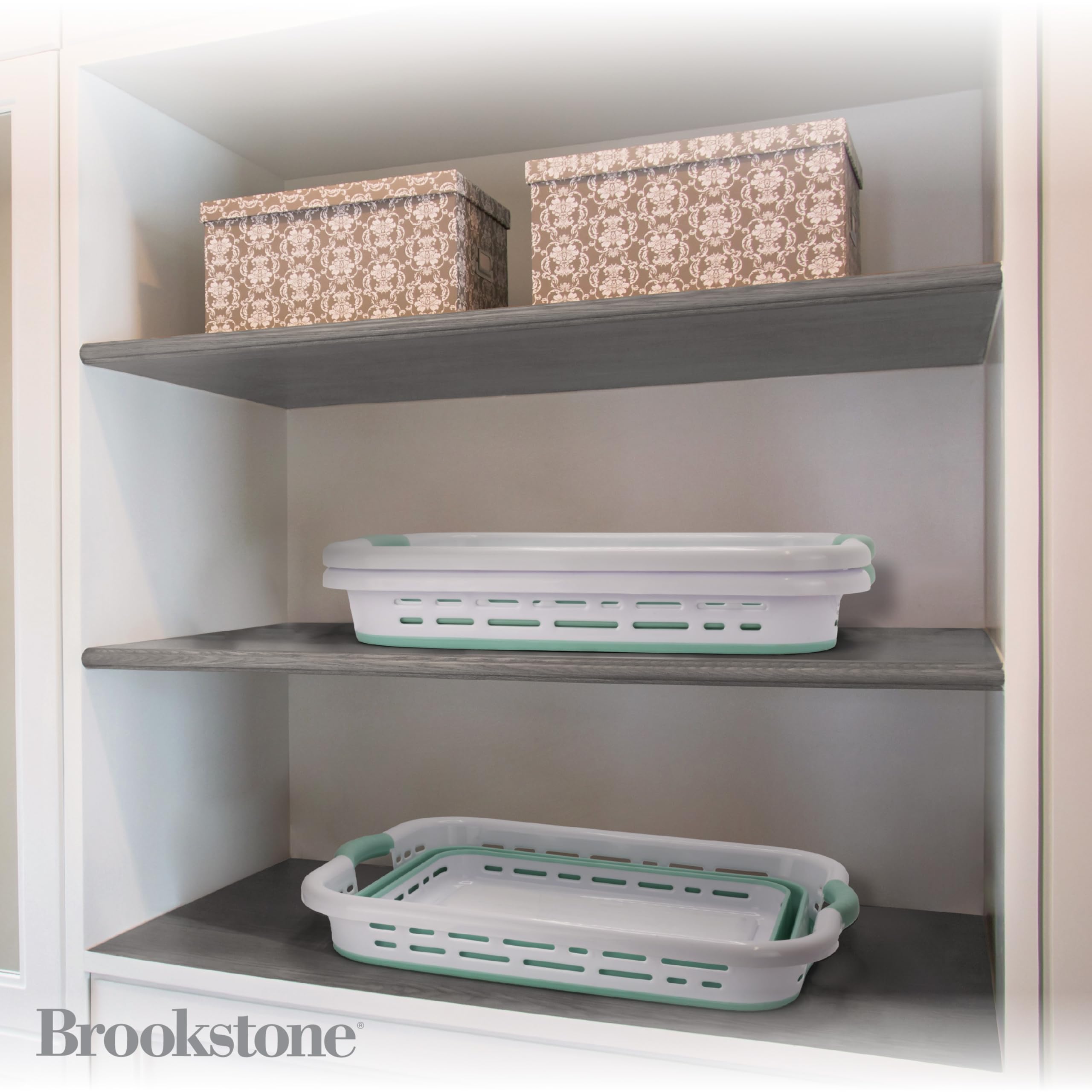 Brookstone side profile collapsed flat for compact storage saving closet and shelf space
