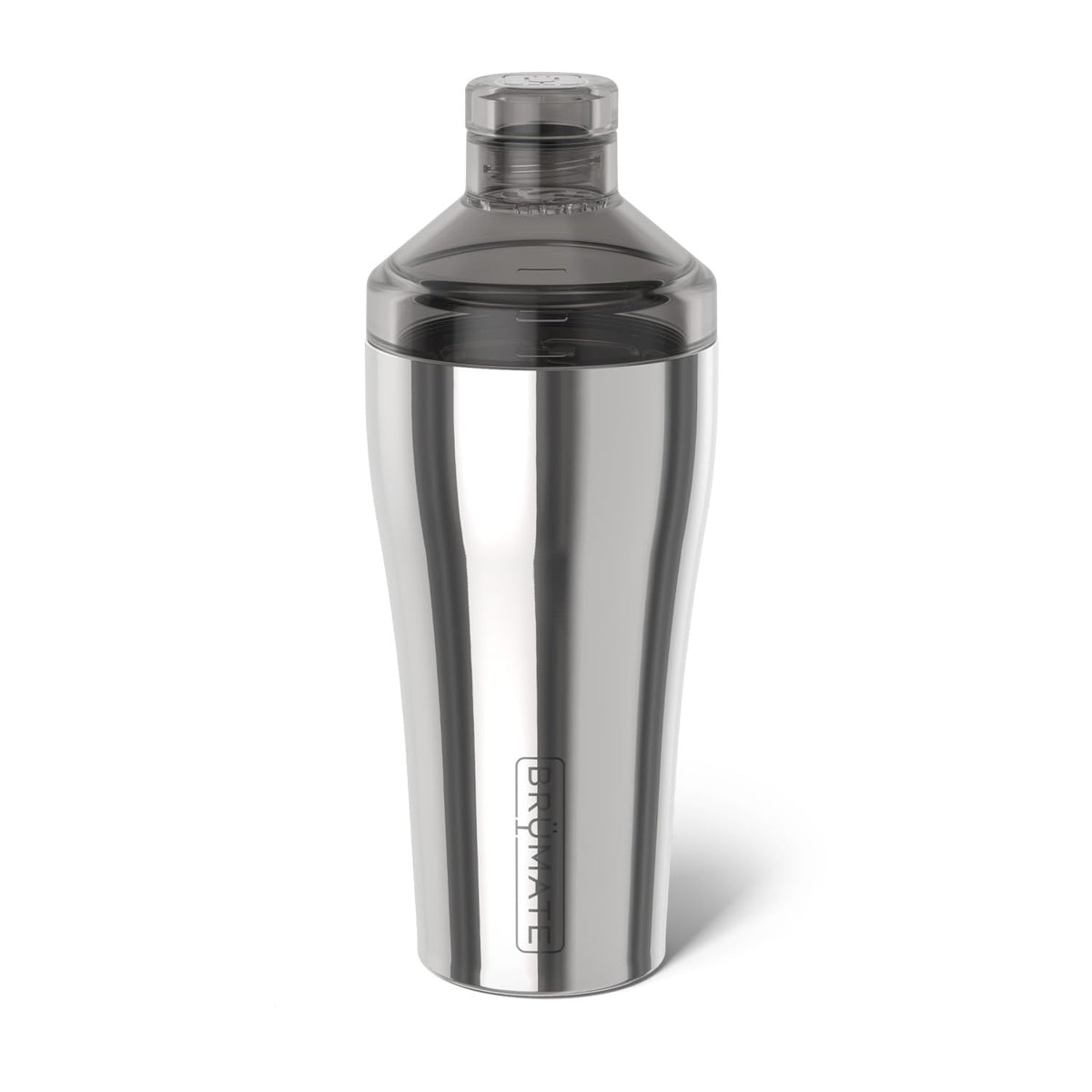 BrüMate polished stainless cocktail shaker front view showing sleek finish and measurement benefit