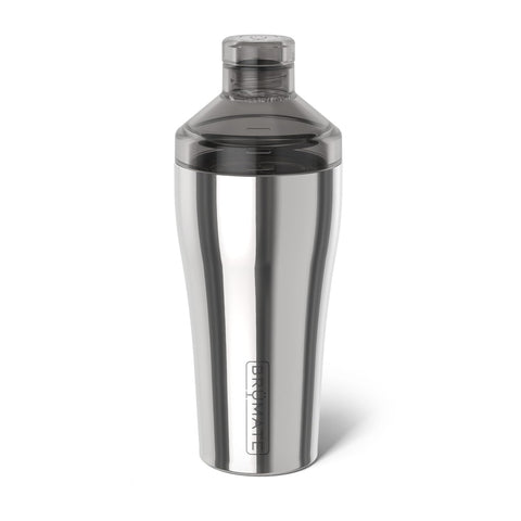 BrüMate polished stainless cocktail shaker front view showing sleek finish and measurement benefit