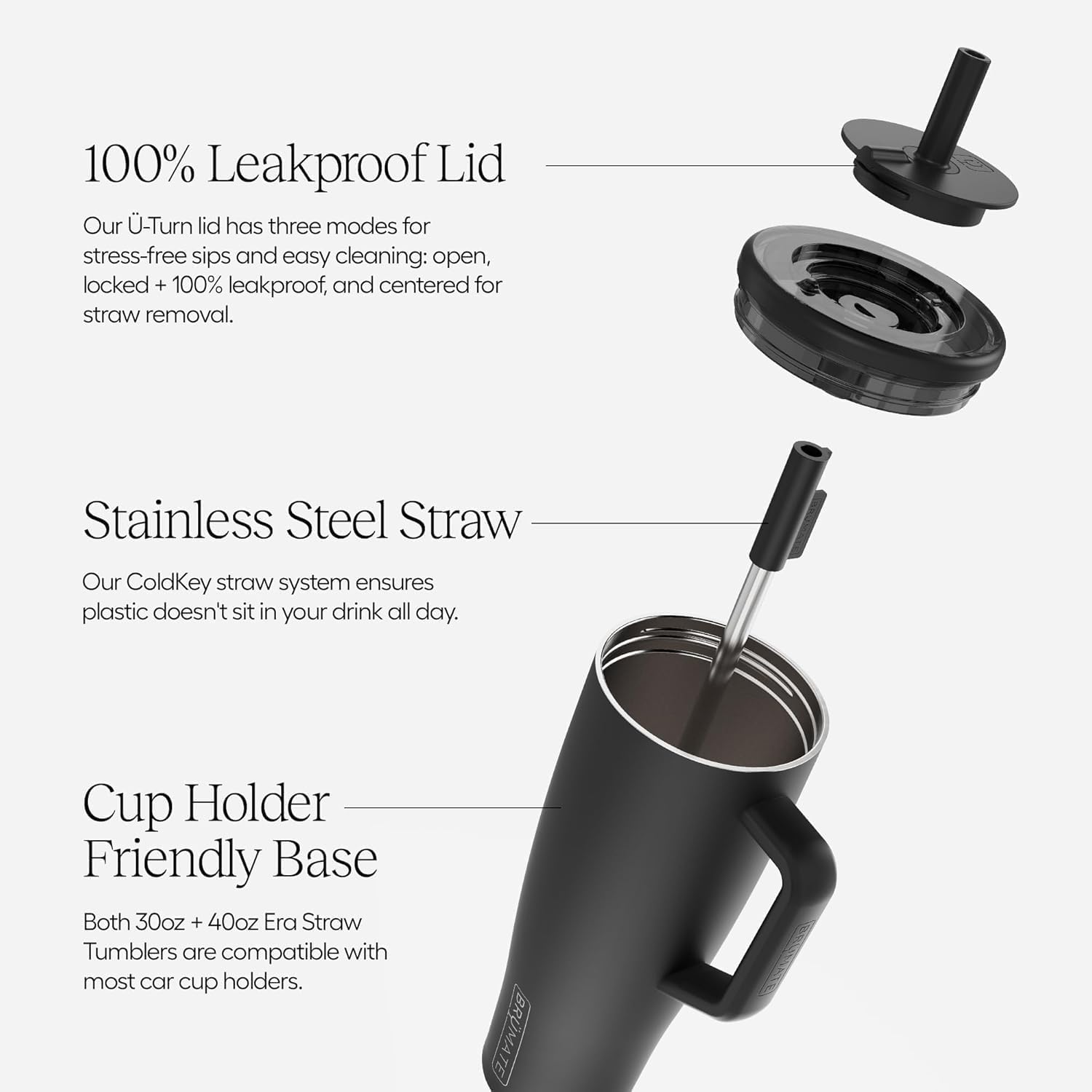 BrüMate era handle and lid detail demonstrating secure grip and leak protection