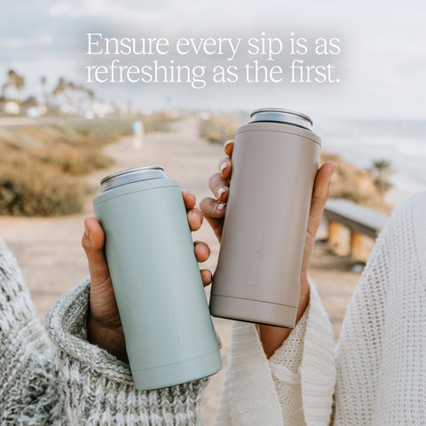 BrüMate Hopsulator Slim on a picnic table keeping a slim can cold during outdoor use