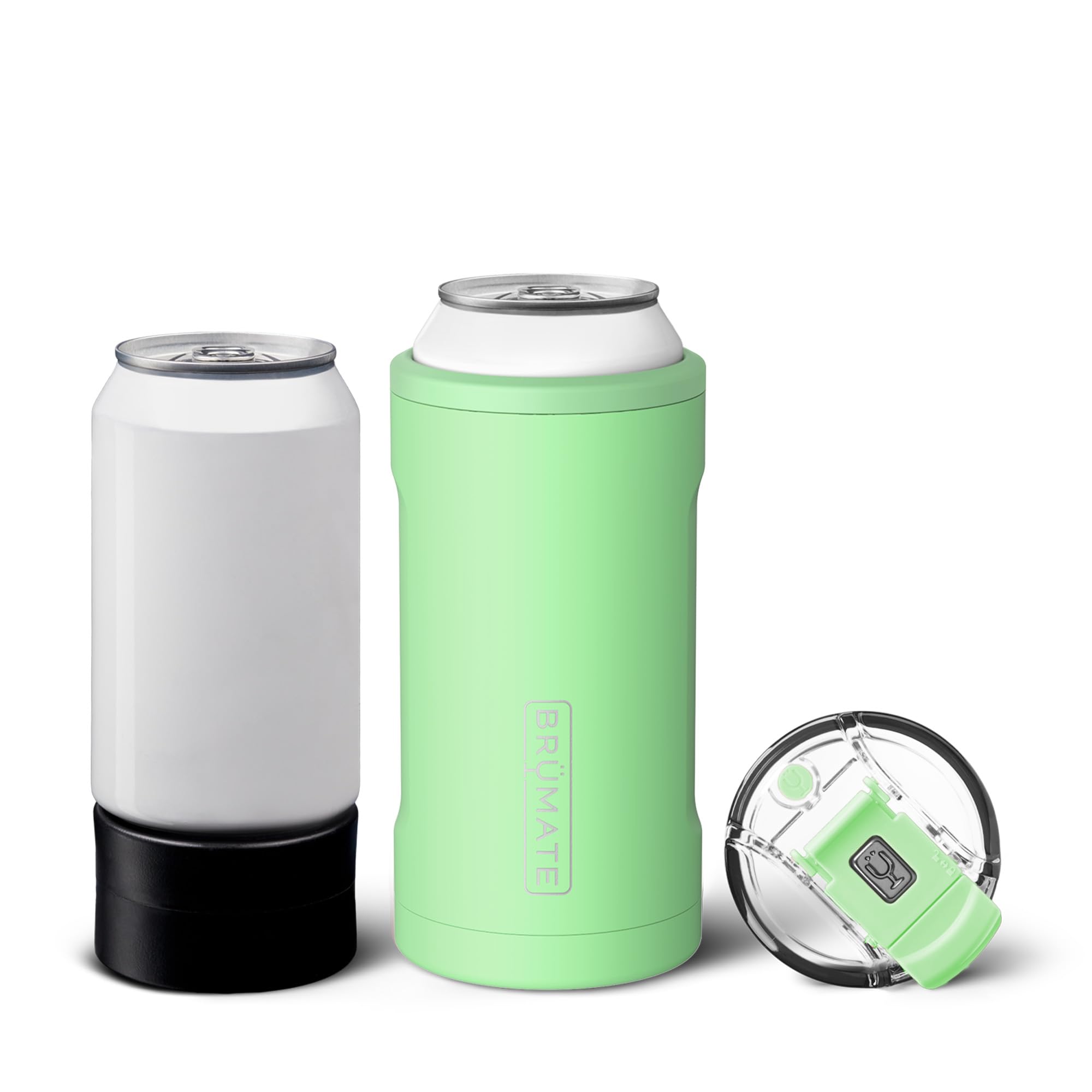 BrüMate Hopsulator Trio front view showing Kiwi finish and can inserted, keeps drink cold