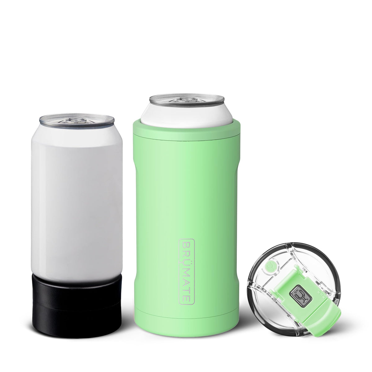 BrüMate Hopsulator Trio front view showing Kiwi finish and can inserted, keeps drink cold