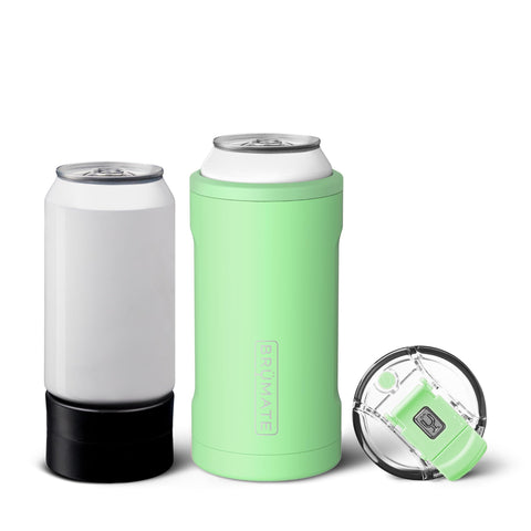 BrüMate Hopsulator Trio front view showing Kiwi finish and can inserted, keeps drink cold