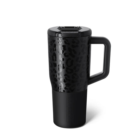 BrüMate Müv 25oz Onyx Leopard front view showing pattern and stainless steel durability