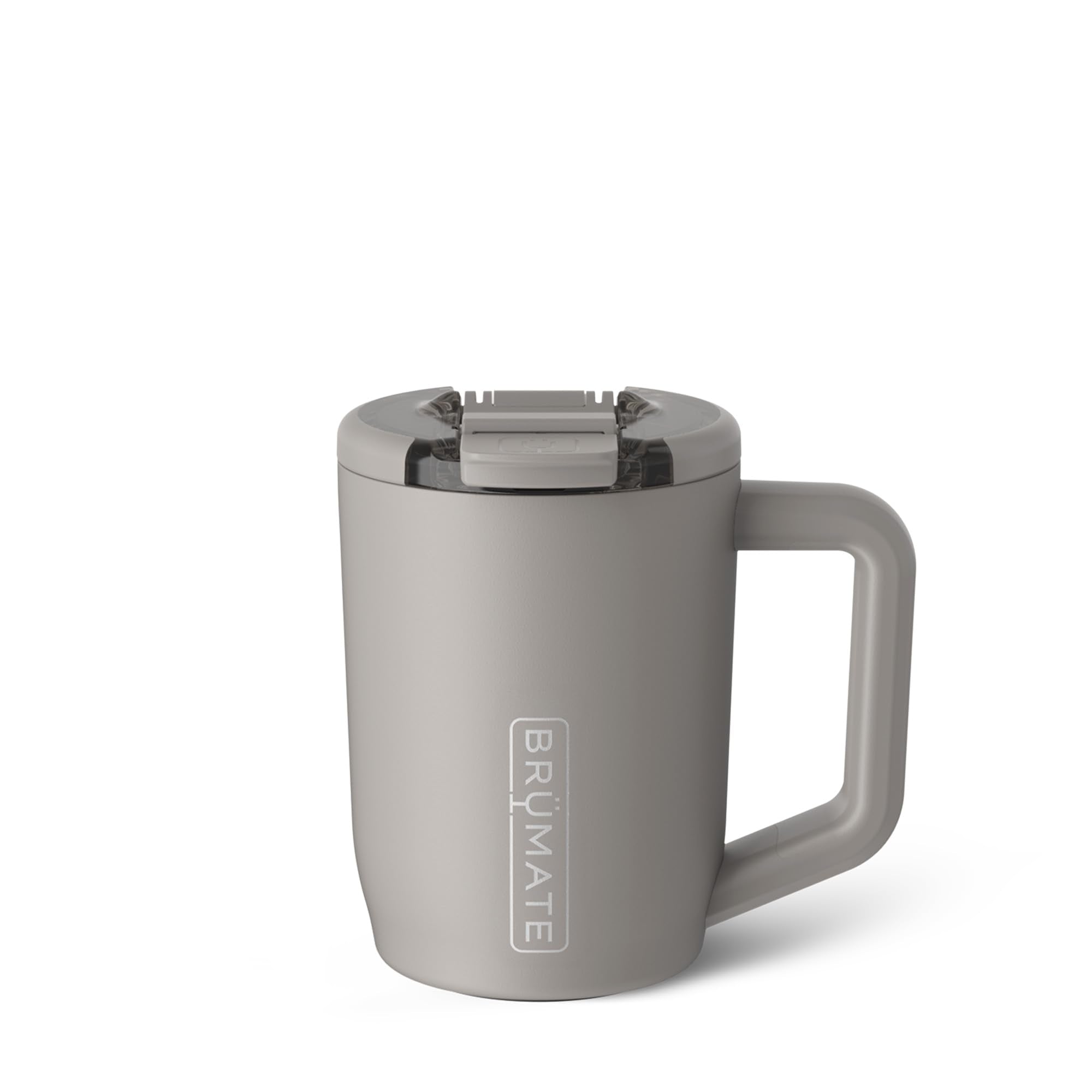 BrüMate Müv front view in Mocha showing leakproof lid and durable finish benefit