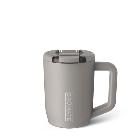 BrüMate Müv front view in Mocha showing leakproof lid and durable finish benefit