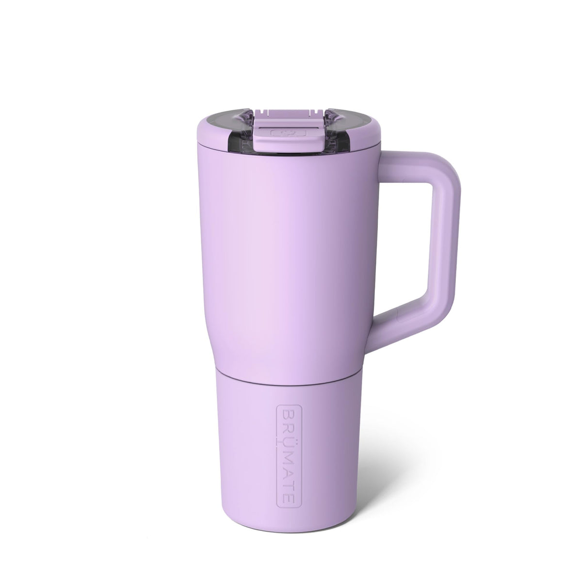 BrüMate Müv front view in lavender showing sleek insulated mug and lid for reliable temperature retention