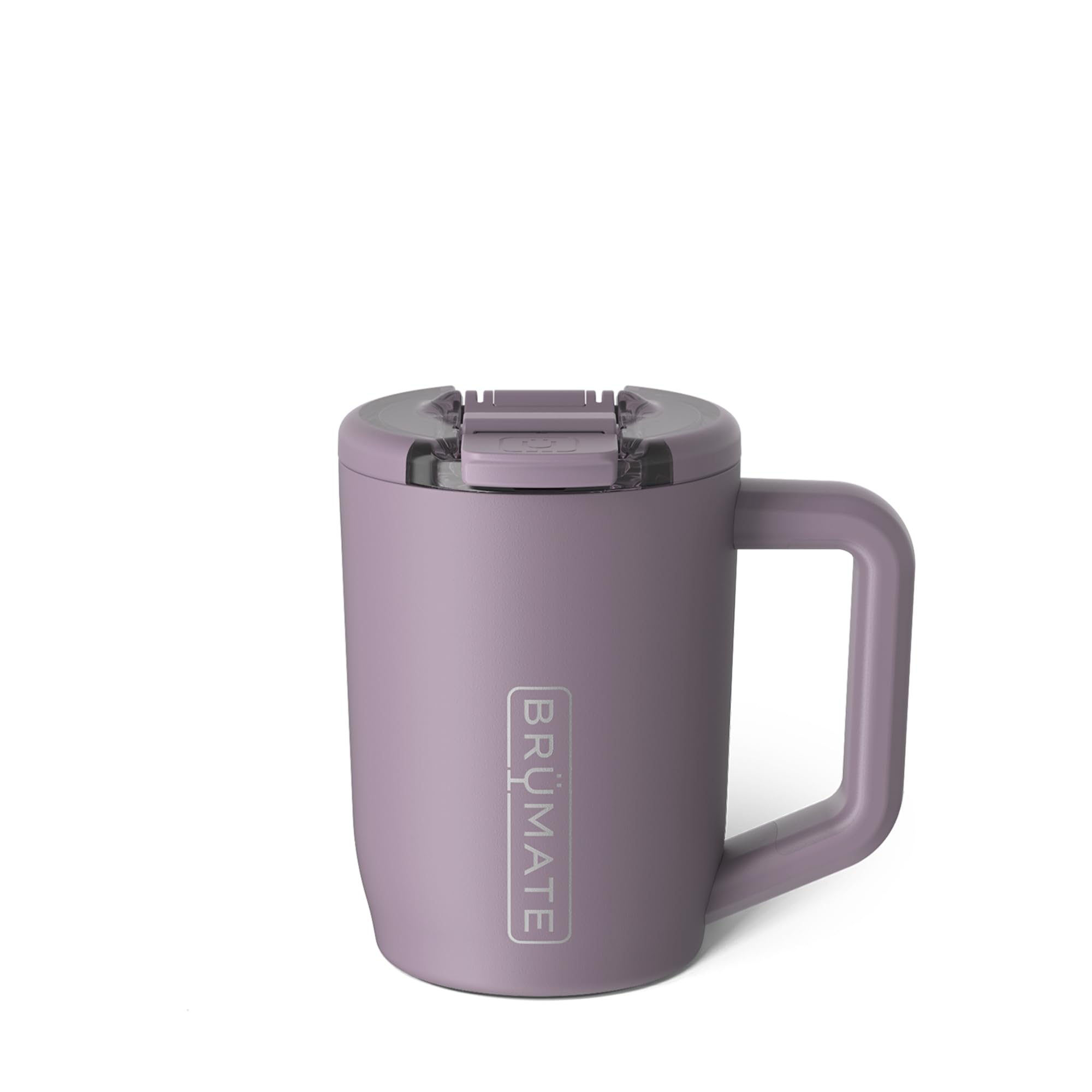 BrüMate Müv front view in Lilac Dusk showing lid and body, sleek travel benefit