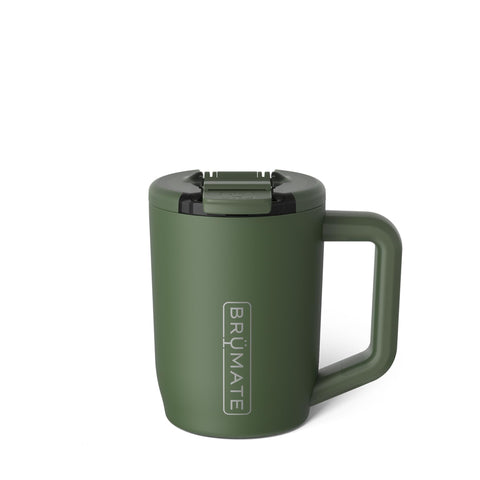 BrüMate Müv front view showing OD Green finish and compact travel-ready mug benefit