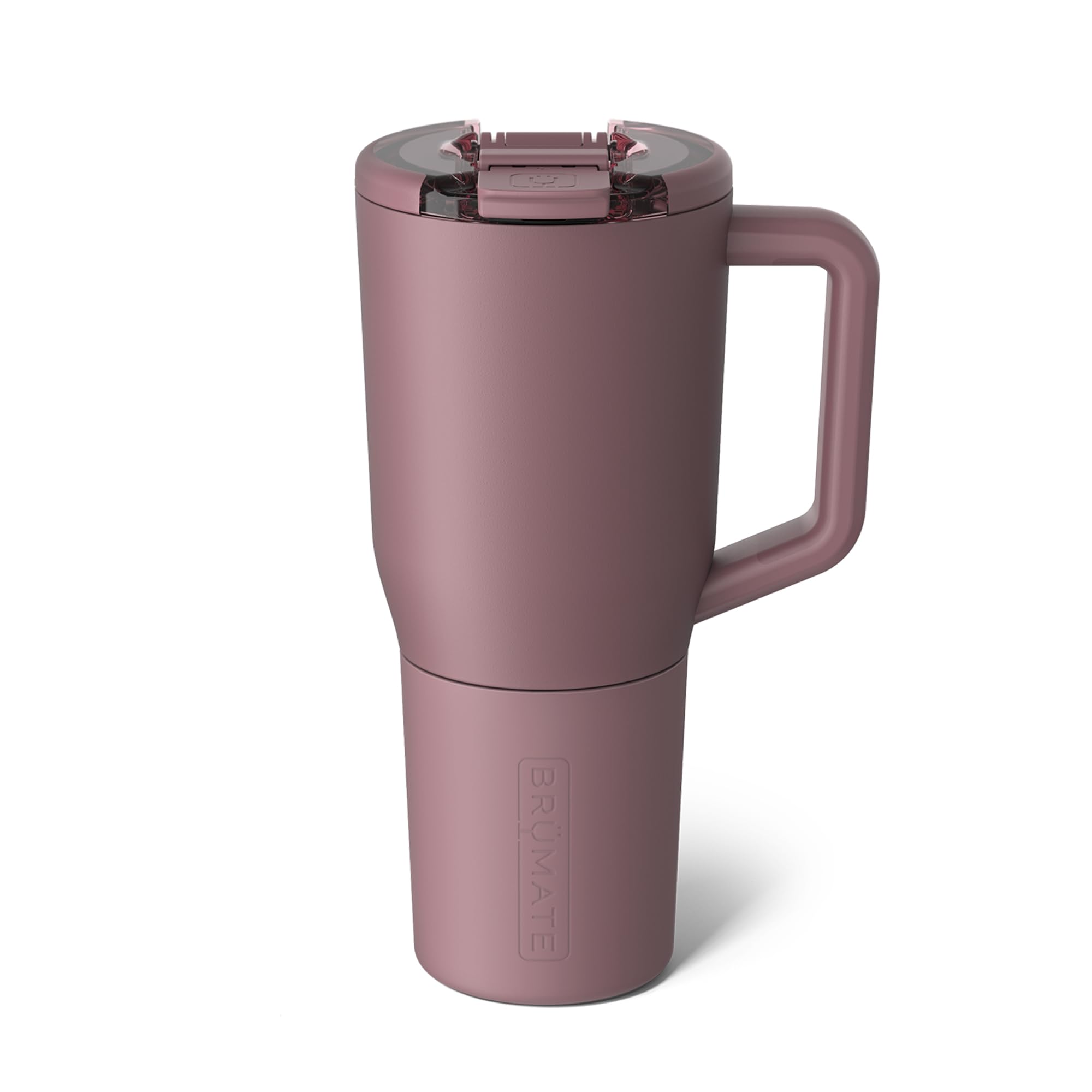 BrüMate front view of Müv mug showing rose taupe finish and large capacity benefit