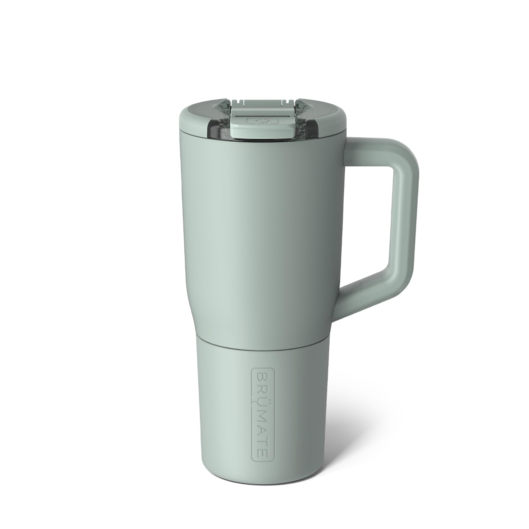BrüMate Müv front view in sage showing sleek stainless steel and color, ideal for travel
