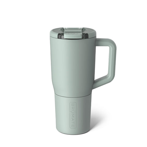 BrüMate Müv front view in sage showing sleek stainless steel and color, ideal for travel