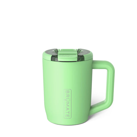 BrüMate Müv front view showing kiwi finish and secure lid benefit