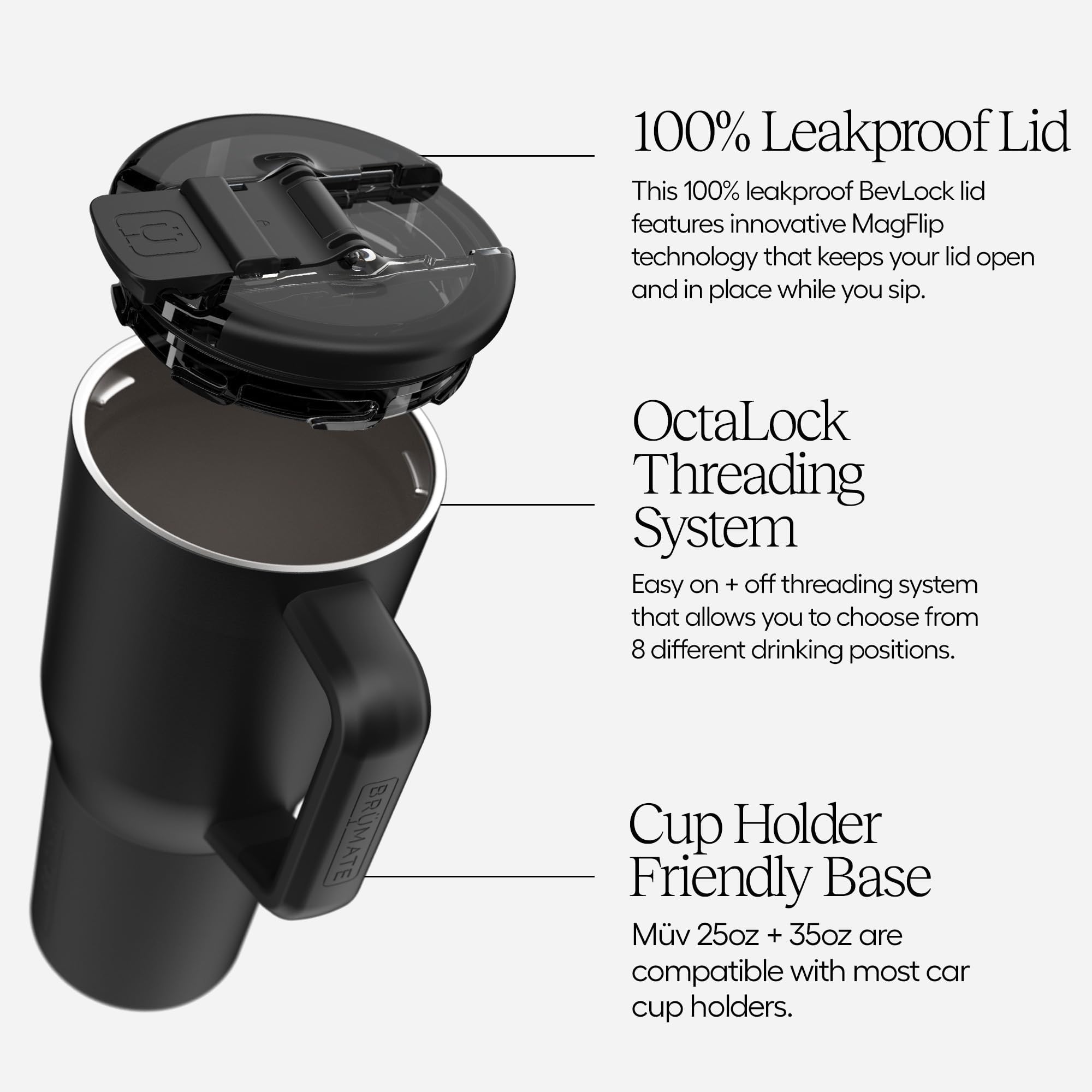 BrüMate Müv lid open showing MagFlip magnetic closure, convenient one-handed sipping