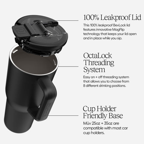 BrüMate Müv lid open showing MagFlip magnetic closure, convenient one-handed sipping