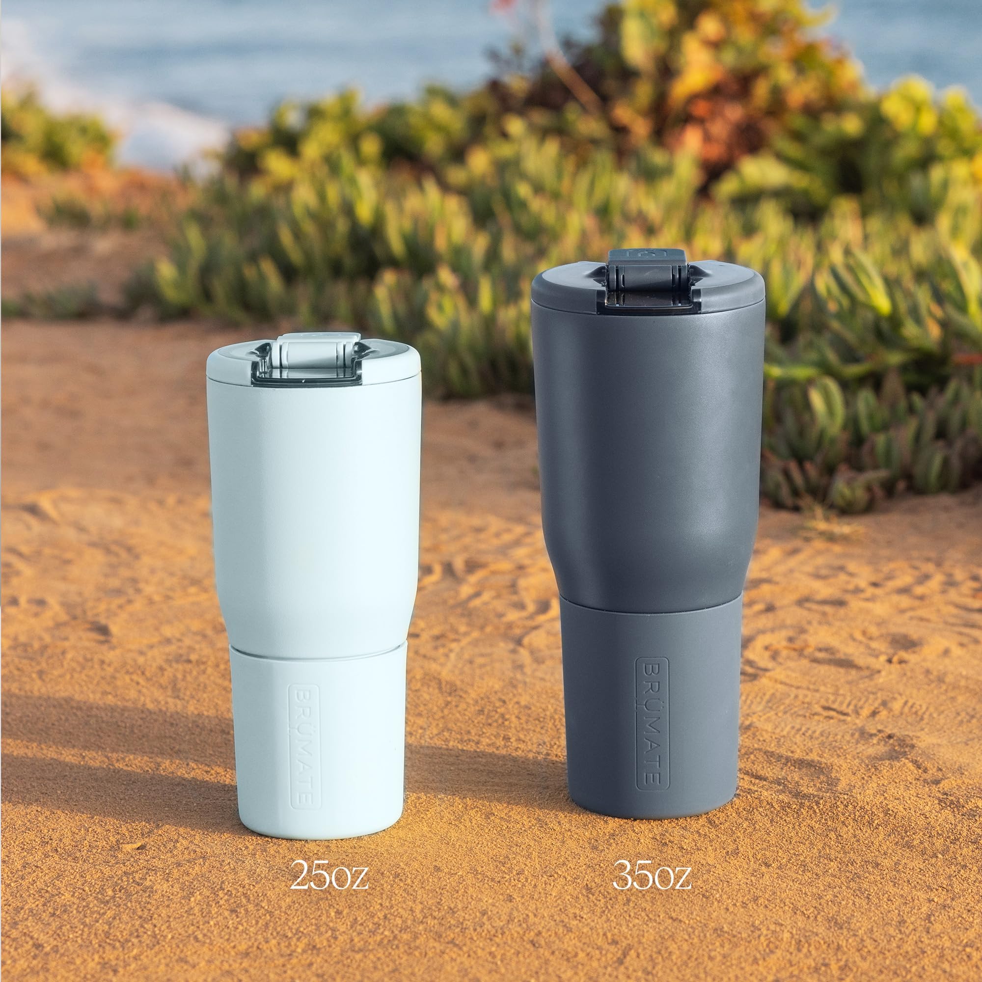 BrüMate Nav next to water bottle for size comparison highlighting 25oz capacity