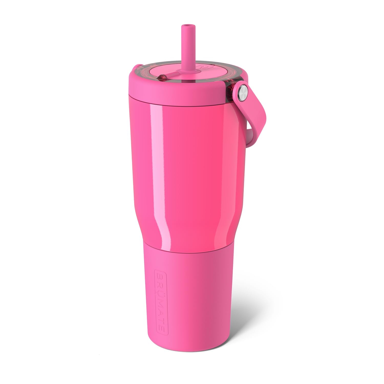 BrüMate Resa neon pink front view showing leakproof lid and handle for confident travel