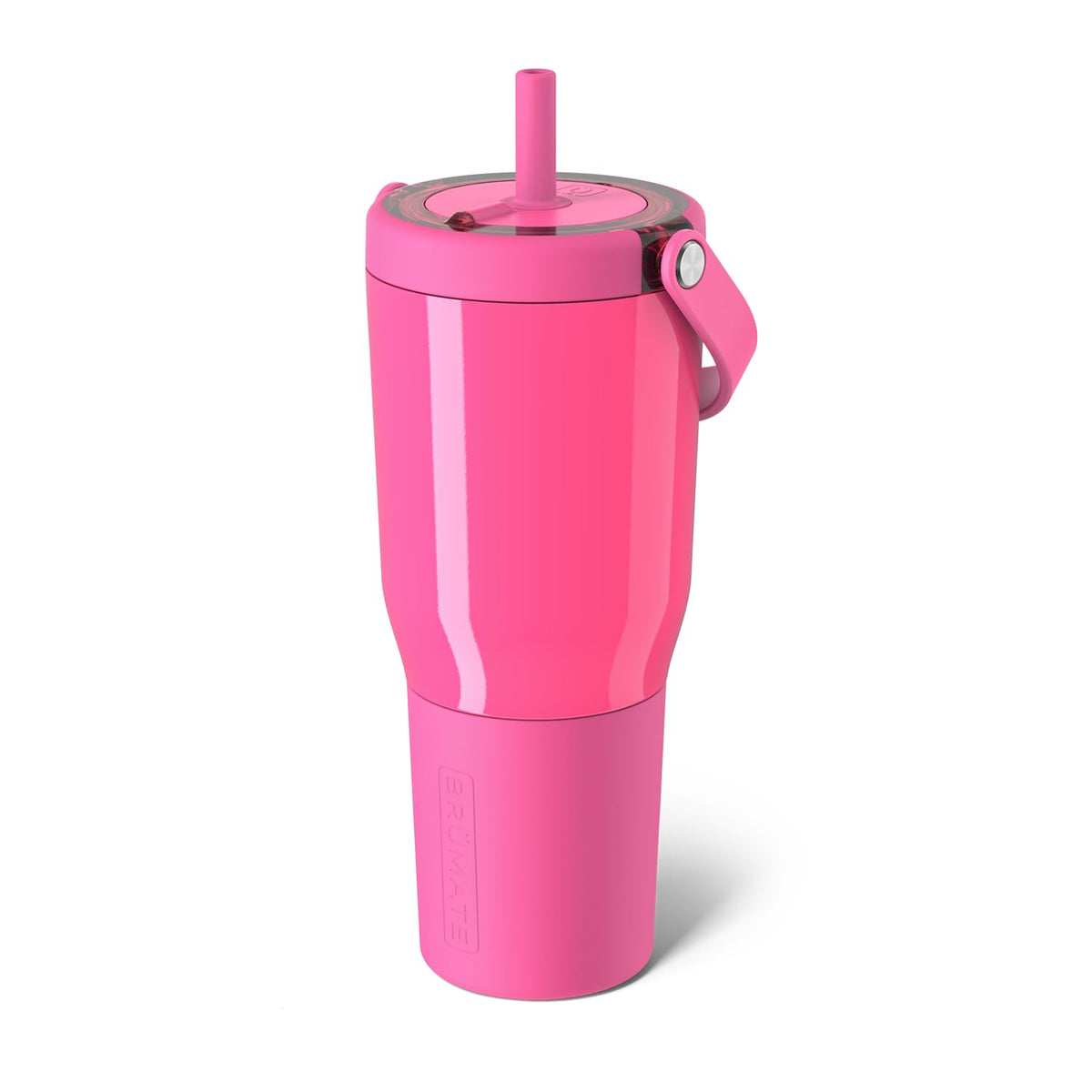 BrüMate Resa neon pink front view showing leakproof lid and handle for confident travel
