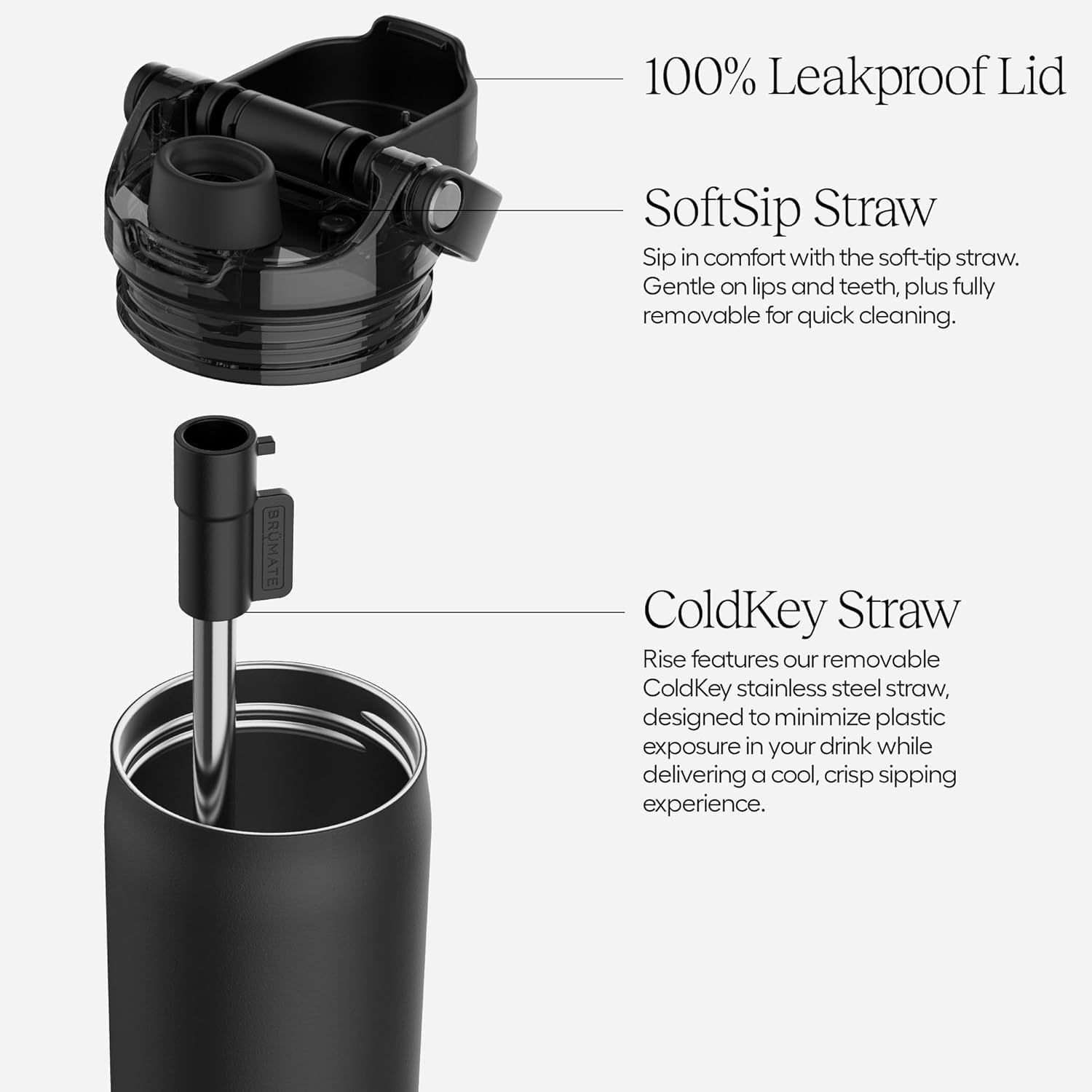 BrüMate Rise ColdKey stainless straw detail for cooler, crisp sips