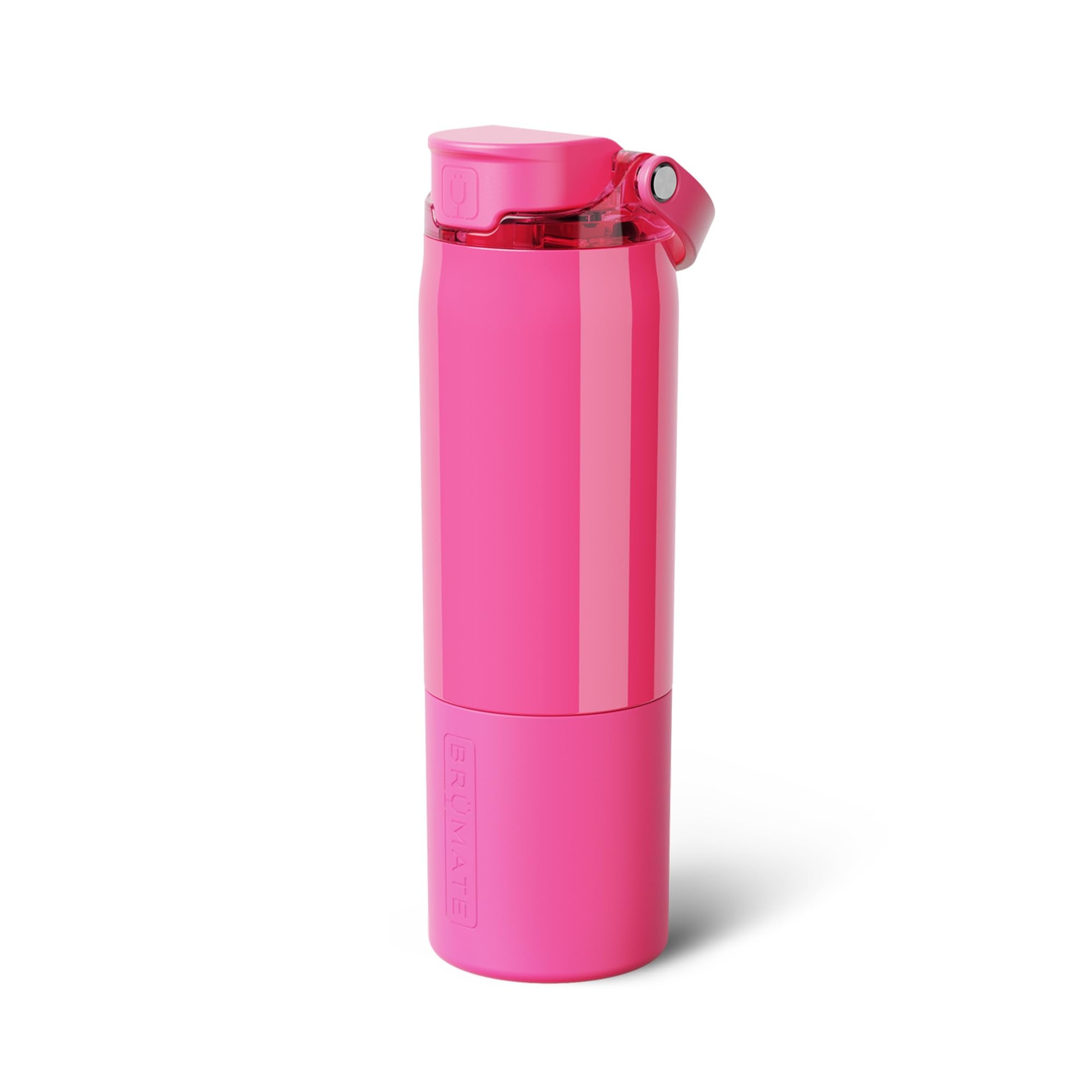 BrüMate Rise front view in neon pink showing sleek insulated bottle and lid benefit: stylish cold retention