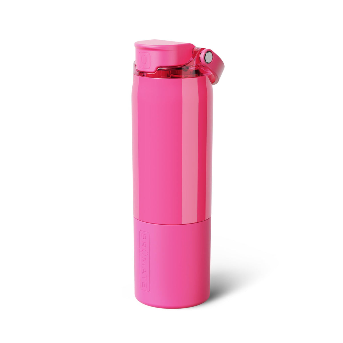 BrüMate Rise front view in neon pink showing sleek insulated bottle and lid benefit: stylish cold retention