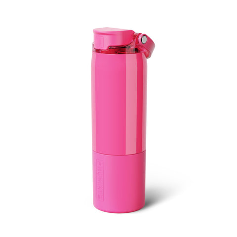 BrüMate Rise front view in neon pink showing sleek insulated bottle and lid benefit: stylish cold retention