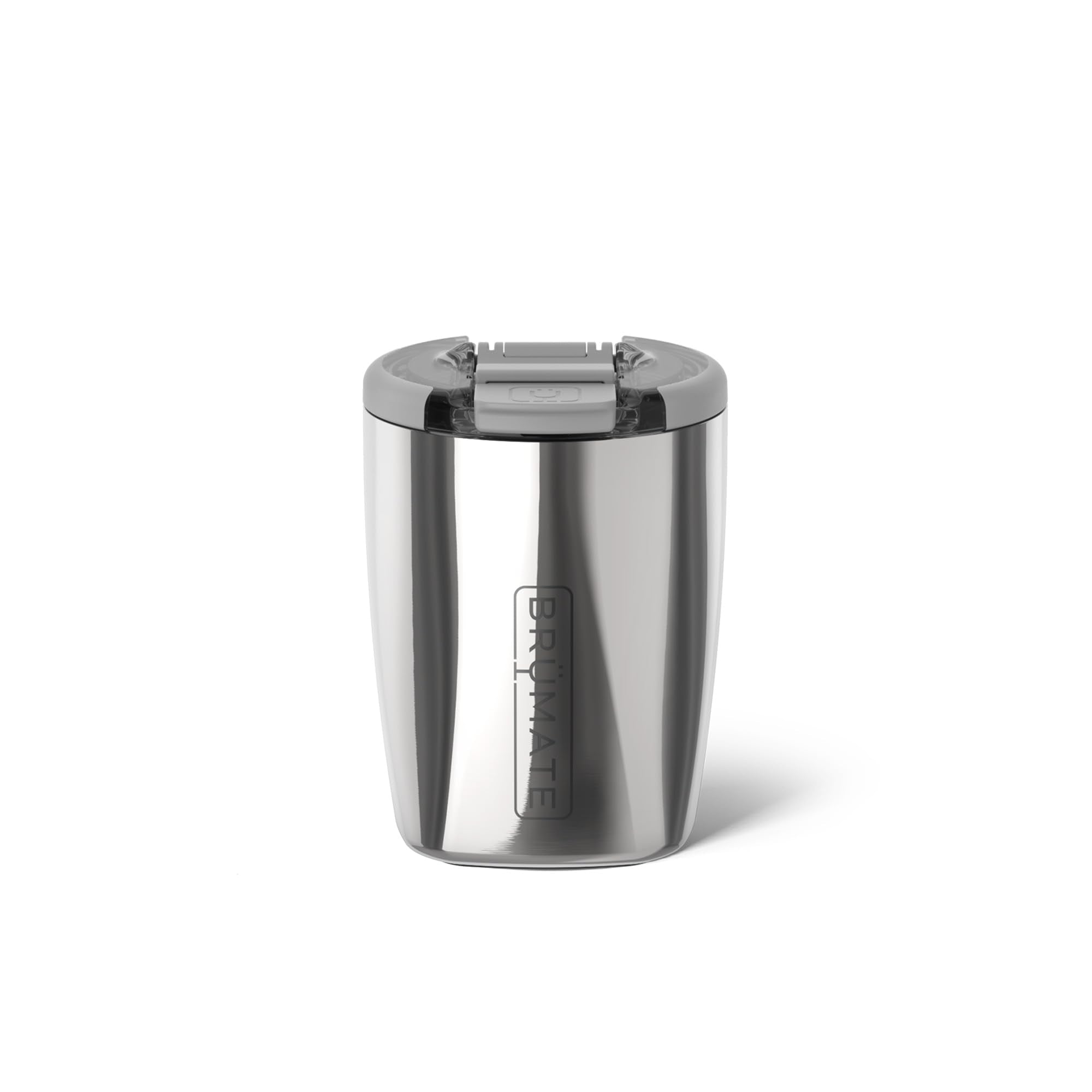 BrüMate polished stainless lowball front view showing sleek finish and durable design