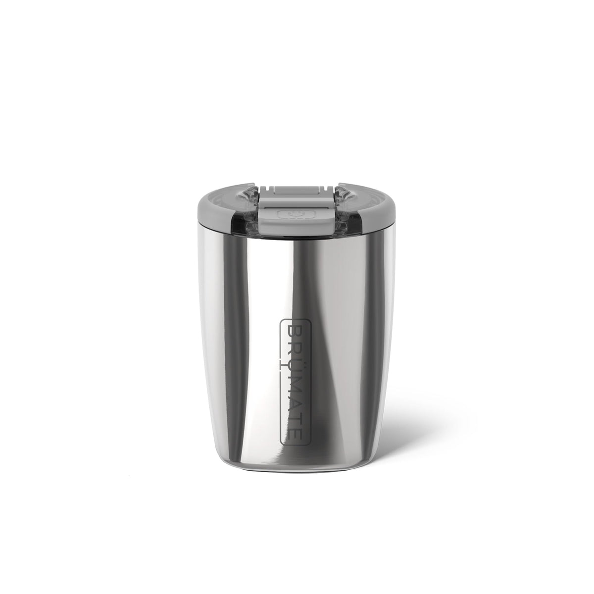BrüMate polished stainless lowball front view showing sleek finish and durable design
