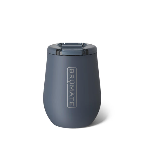 BrüMate Uncork'd front view showing sleek Nightfall Blue finish and secure lid benefit