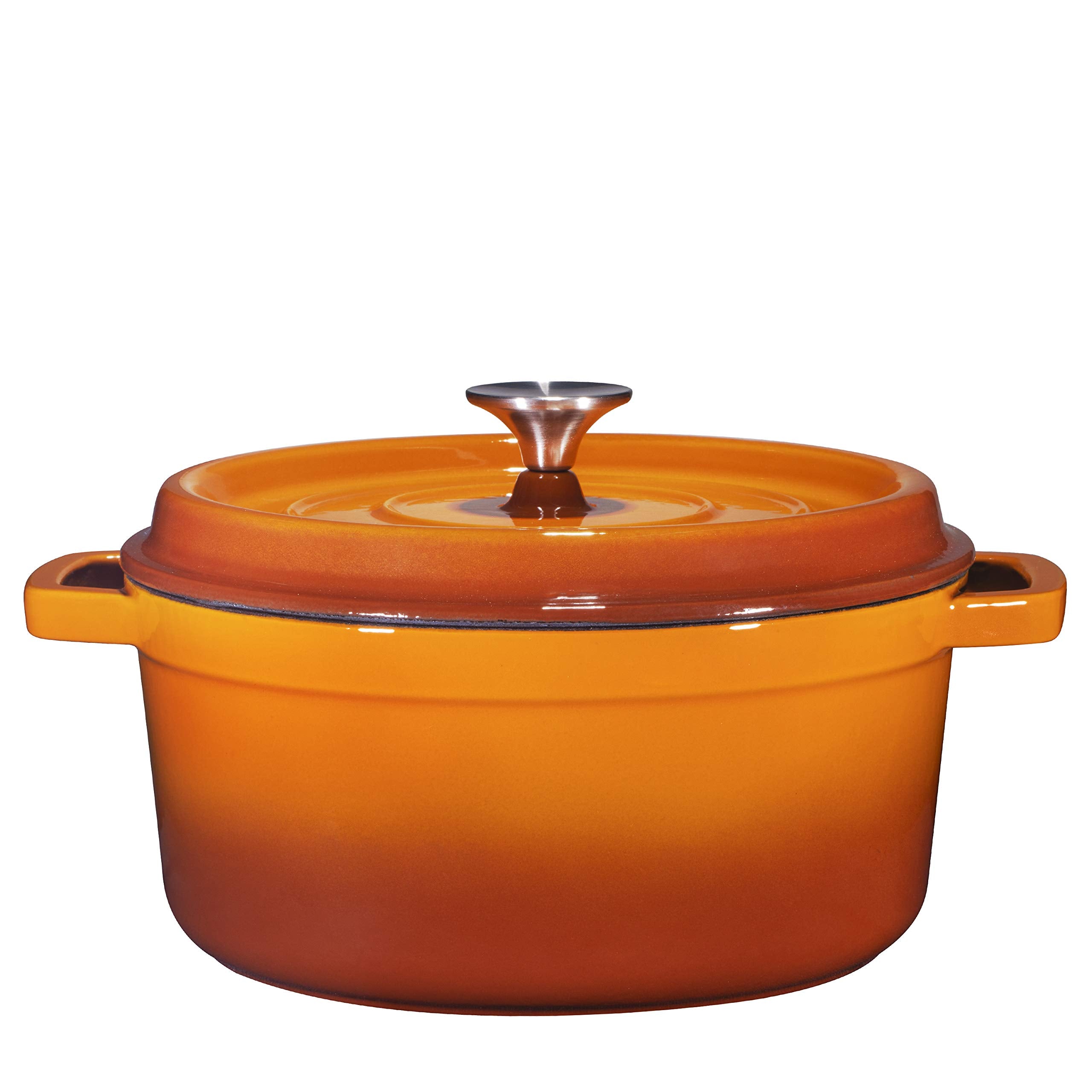 Bruntmor Dutch oven front packaging showing pumpkin spice finish and capacity benefit