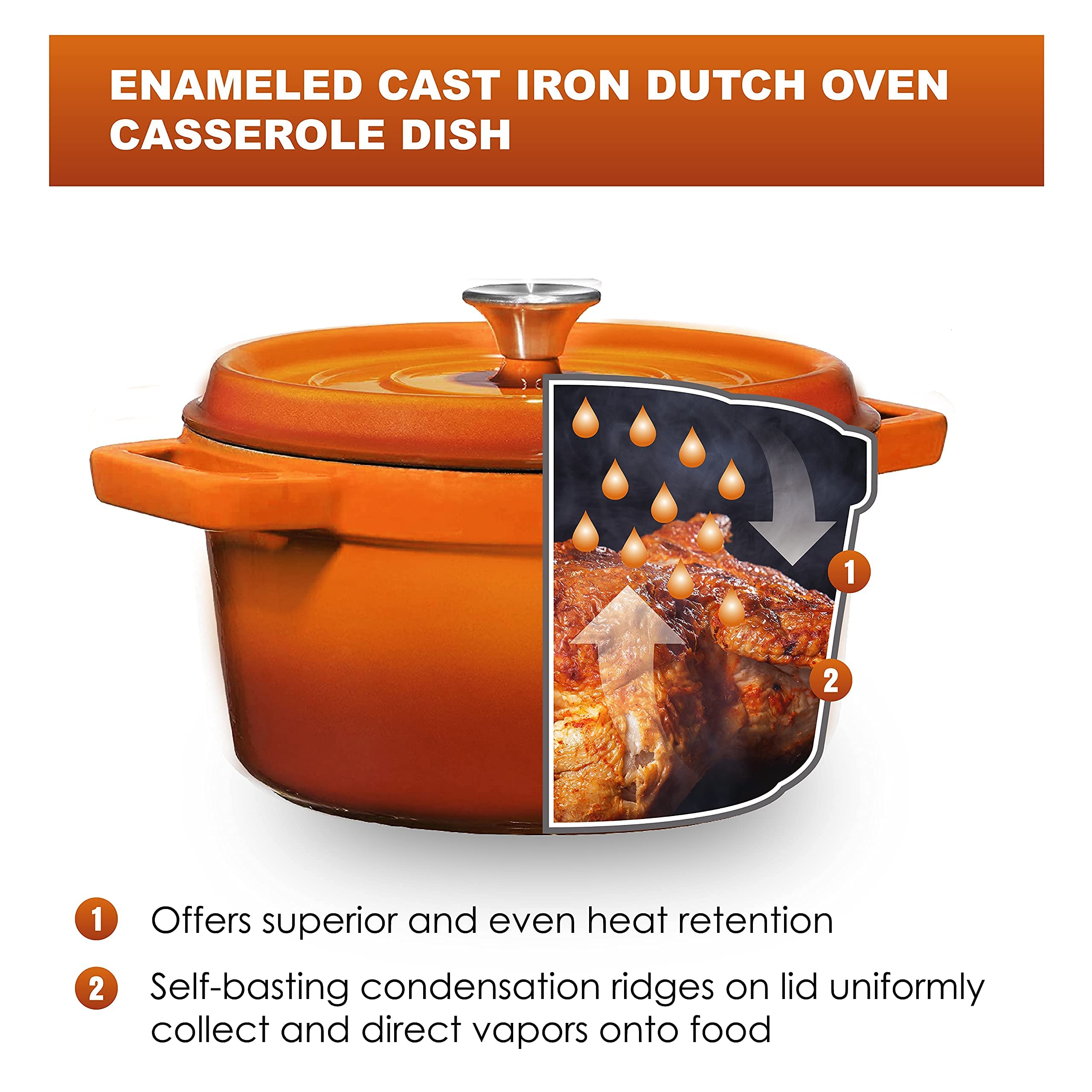 Bruntmor Dutch oven next to measuring items showing 5.2 qt size and family portioning