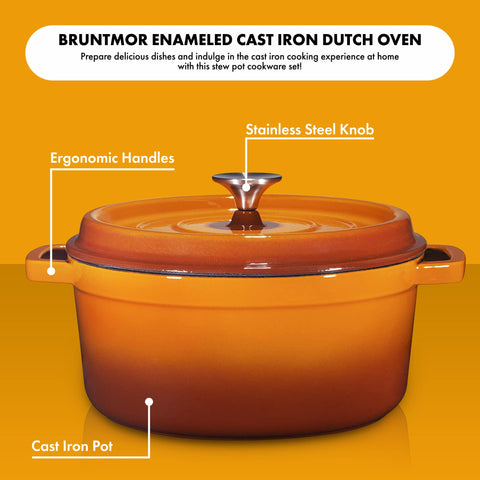 Bruntmor Dutch oven close-up on side handle showing sturdy grip for safe lifting