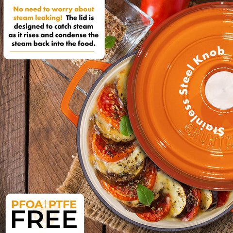 Bruntmor Dutch oven top view with lid highlighting secure fit and heat retention