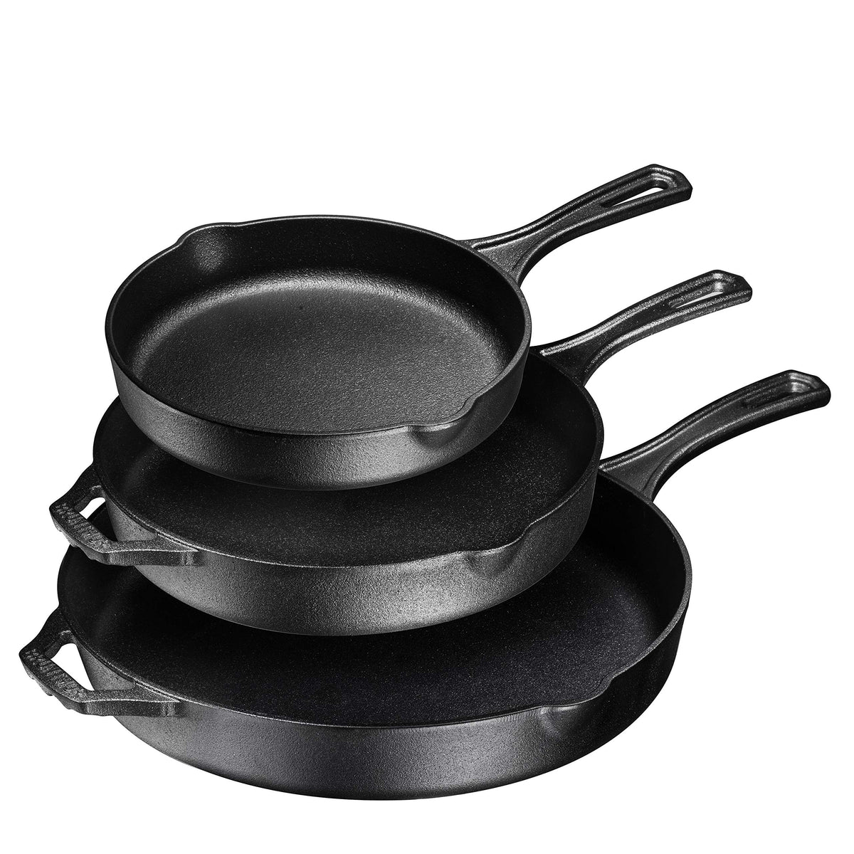 Bruntmor front view of the three-piece skillet set shows sizes and benefits